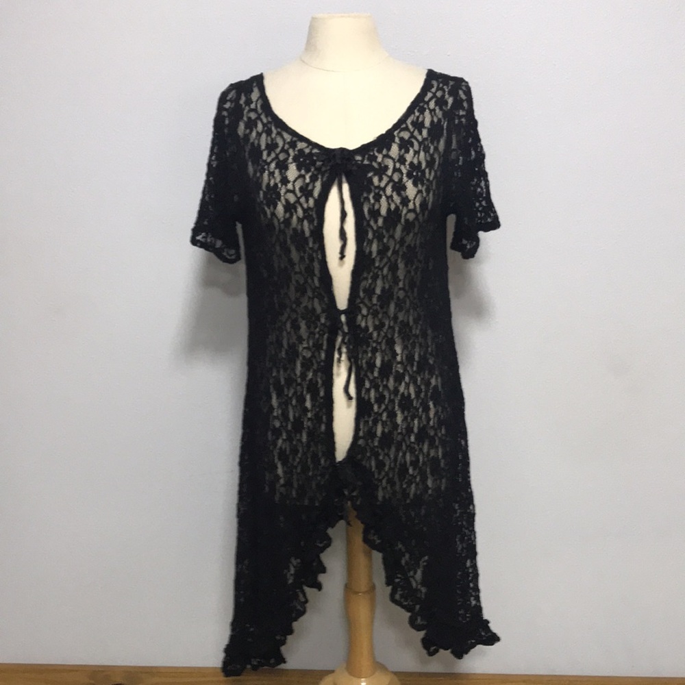 LAST CALL Black lace stretch high low ribbon tunic dress LG layering NFR boho - Picture 6 of 11